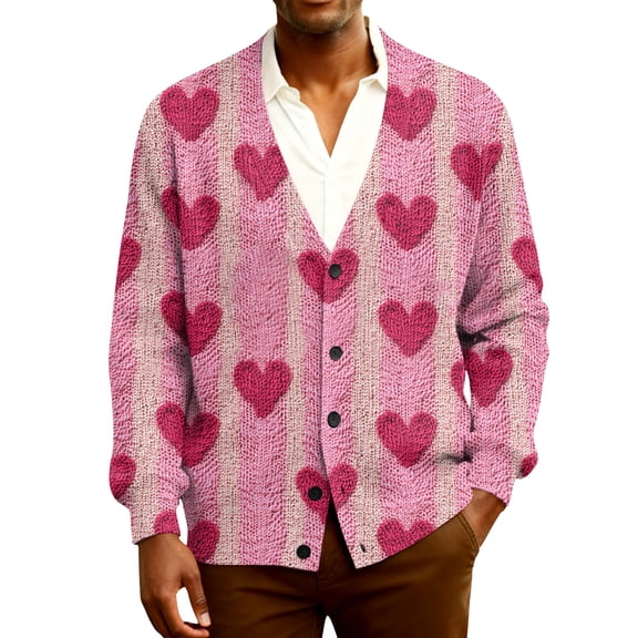 Fgvctg Mens Cardigan Sweaters Valentine's Day Love Heart Graphic Sweater Long Sleeve Casual Coats Ribbed Knit Button Down Pretty Spring Clothes Light pink L