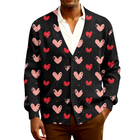 Fgvctg Mens Cardigan Sweaters Valentine's Day Love Heart Print Sweaters Long Sleeve Casual Coat Ribbed Knit Button Down Spring Clothing Black 2XL