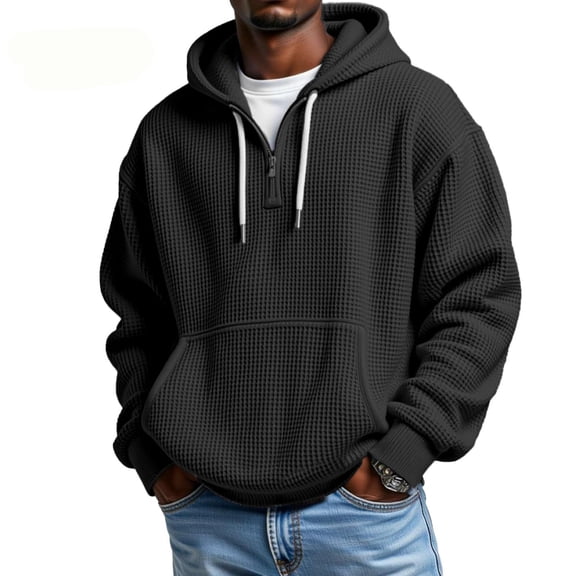Fgvctg Mens Hoodie Quarter Zip Pullover Waffle Sweatshirt Oversized Hooded Long Sleeve Shirts Casual Trendy Fall Tops With Pocket Black 5XL