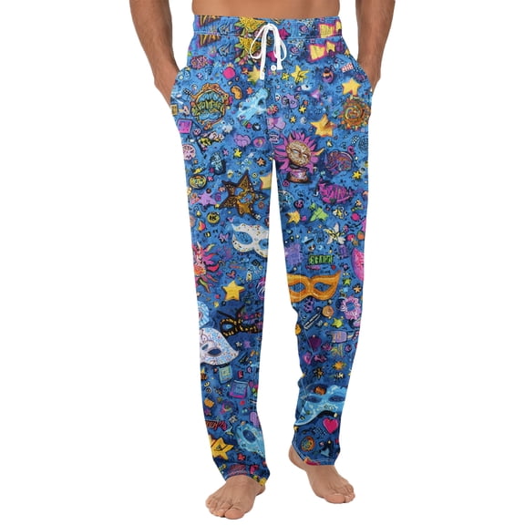 Fgvctg Mens Mardi Gras Pajamas Stretch Carnival Party Wide Leg Sleepwear Pajama Pant Multicolored Mask Graphic High Waisted Pjs Spring Drawstring Lounge Pants with Pockets Light Blue L