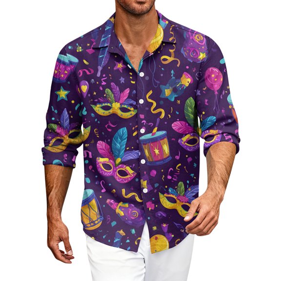 Fgvctg Mens Mardi Gras Shirts Carnival Party Long Sleeve Cotton Button Down Shirt Soft Mask Print Collared Blouses Plus Size Business Casual Outfits Green M