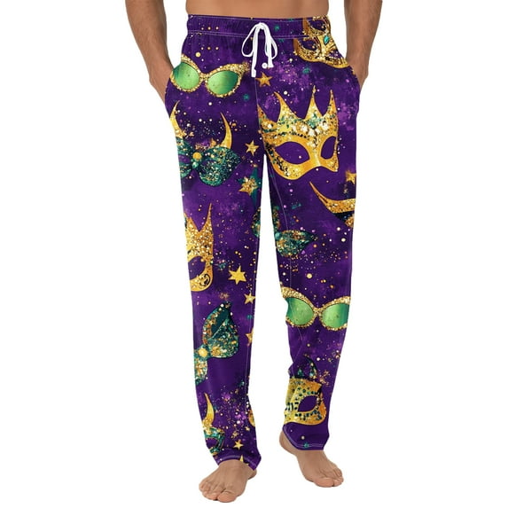 Fgvctg Mens Pajama Pants Mardi Gras Lightweight Carnival Party Wide Leg Sleepwear Pajamas Pants Multicolored Mask Print High Waisted Pjs Spring Drawstring Lounge Pants with Pockets Purple Pink M