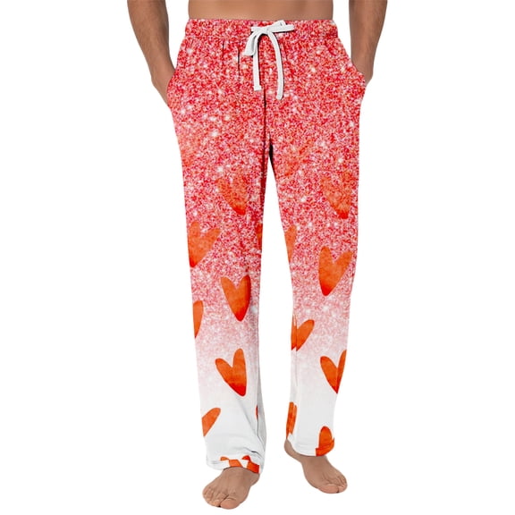 Fgvctg Mens Pajama Pants Valentine's Day Plus Size Wide Leg Sleepwear Pajama Pant Loungewear Love Heart Print High Waisted Pj Spring Fall Drawstring Lounge Pants with Pockets Red S