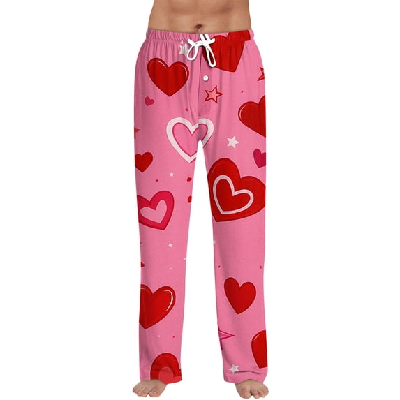 Fgvctg Mens Pajama Pants Valentine's Day Trendy Sleepwear Wide Leg Pajama Heart Graphic High Waisted Pj Pants Lightweight Fall Spring Drawstring Lounge Pants with Pockets Vermilion M
