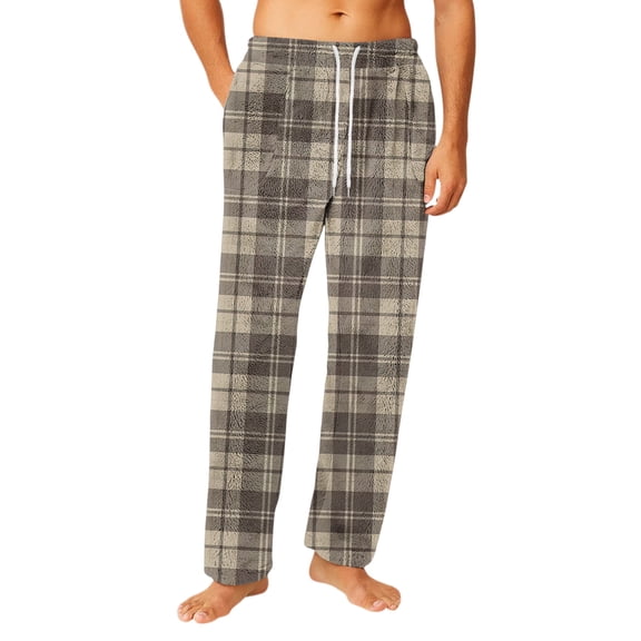 Fgvctg Mens Pajamas Fleece Sleep Lounge Plaid Pajamas Pants Funny Sleepwear Pant Lightweight Lounge Bottom Comfortable Drawstring Pjs Bottoms With Pockets Beige 2XL