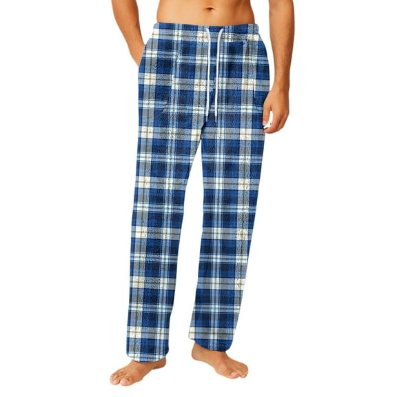 Fgvctg Mens Pajamas Sleepwear Flannel Plaid Pajamas Pants Comfortable Sleep Lounge Pant Drawstring Pj Bottom Lightweight Soft Lounge Bottoms With Pockets Blue 2XL