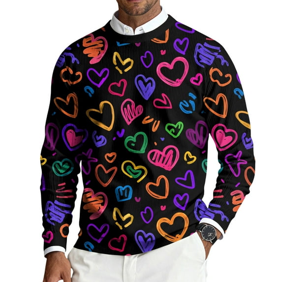Fgvctg Mens Romantic Valentine's Day Sweater Crewneck Ribbed Knit Sweater Love Heart Print Comfy Slim Fit Long Sleeve Pullover Sweaters Spring Oversized Blouse Red XL