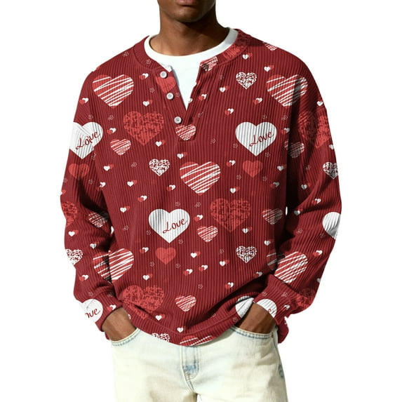 Fgvctg Mens Romantic Valentine's Day Sweater Ribbed Knit Button Down Henley Collar Sweaters Love Heart Print Romantic Pullover Slim Fit Long Sleeve Sweater Oversized Spring Blouse Wine 2XL