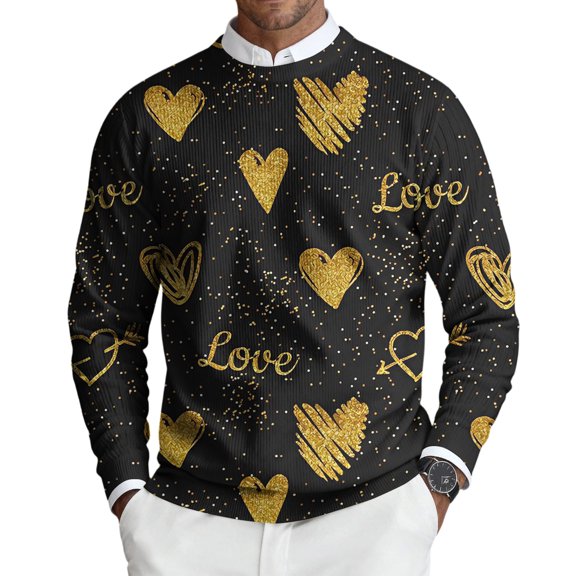 Fgvctg Mens Romantic Valentine's Day Sweater Ribbed Knit Crewneck Sweater Love Heart Print Soft Pullover Slim Fit Long Sleeve Sweaters Loose Spring Blouse Yellow S