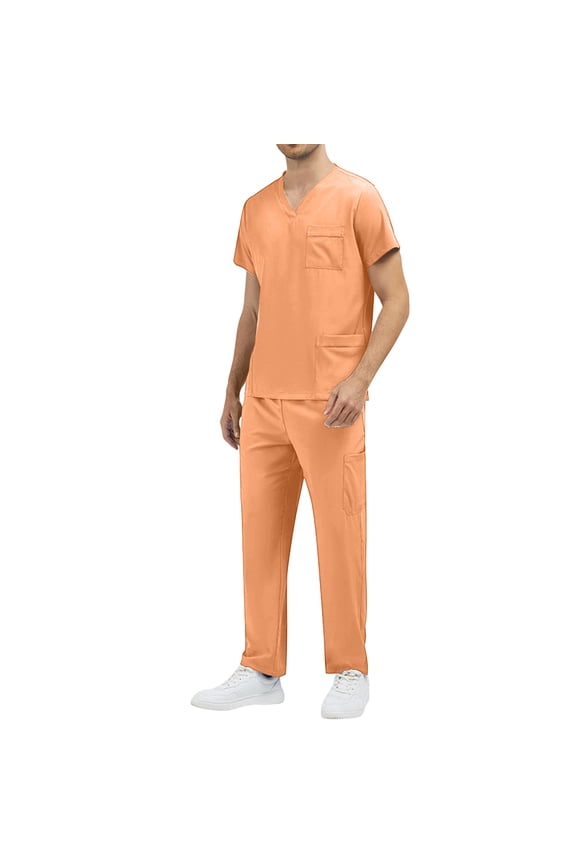 Mens Scrubs Plus Size Medical Scrub Sets Petite V Neck Scrub Tops and Pants Scrub Set Nurse Uniforms Scrub Jumpsuit Orange L