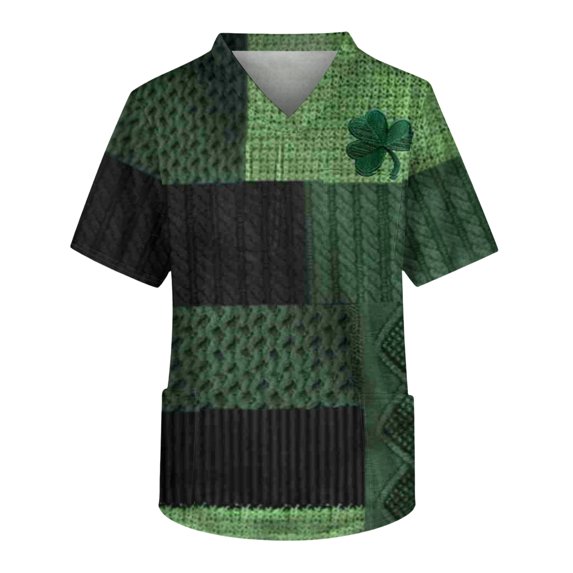 Fgvctg Mens St. Patrick's Day Scrub Tops Casual Short Sleeve Cute Shamrock Clover Print Scrubs Tops Loose V Neck Work Shirt Scrub Workwear Nurse Uniform Medical T Shirts with Pocket Turquoise 4XL