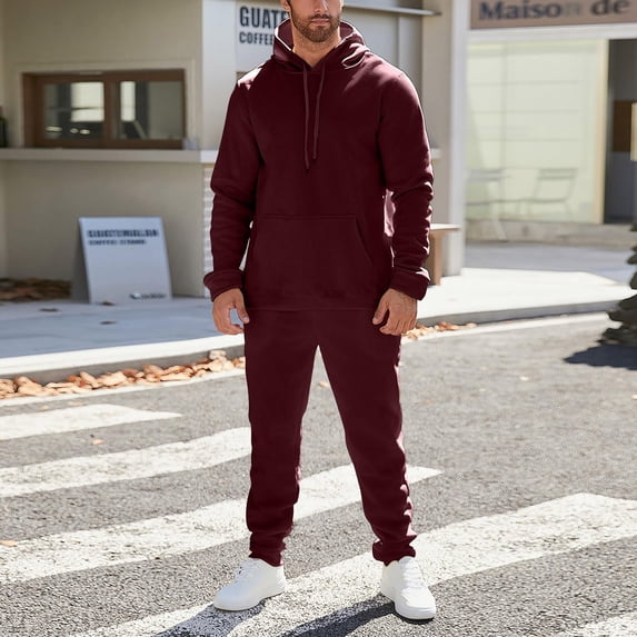 Fgvctg Mens Sweat Set 2 Piece Fall Lounge Sets Athletic Fleece Sweatsuit Plus Size Jogger Sweatpant Oversized Sweatshirts Tracksuits with Pockets Wine 2XL