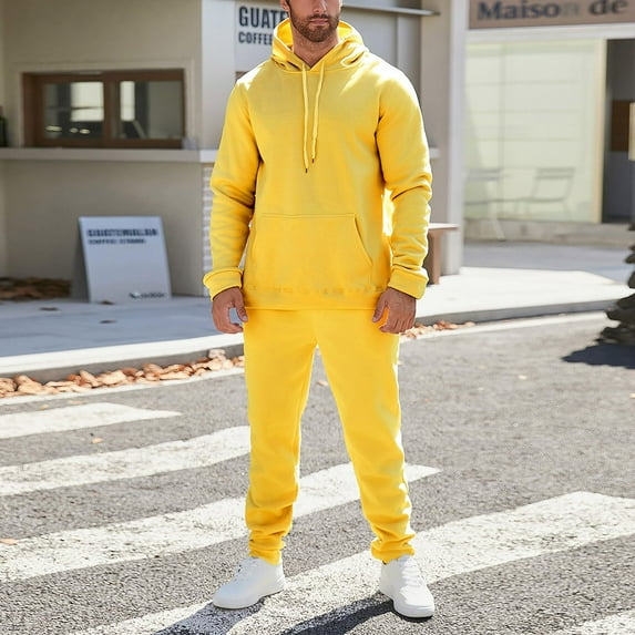 Fgvctg Mens Sweatsuits Set 2 Piece Fall Lounge Set Casual Fleece Sweatsuit Plus Size Jogger Sweatpants Oversized Sweatshirt Tracksuits with Pockets Yellow 2XL