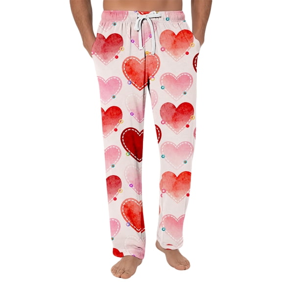 Fgvctg Mens Valentine's Day Pajamas Loose Wide Leg Sleepwear Pajama Pant Trendy Love Heart Print High Waisted Pjs Fall Spring Drawstring Lounge Pants with Pockets Pink L