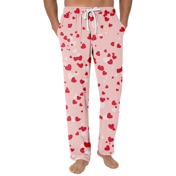 Fgvctg Mens Valentine's Day Pajamas Loungewear Sleepwear Wide Leg Pajama Love Heart Print High Waisted Pj Pant Lightweight Spring Drawstring Lounge Pants with Pockets Hot Pink L