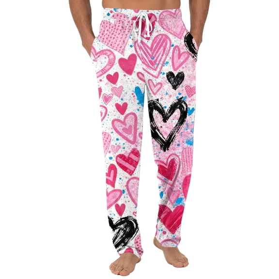 Fgvctg Mens Valentine's Day Pajamas Stretch Wide Leg Sleepwear Pajamas Pants Lover Love Heart Print High Waisted Pjs Spring Drawstring Lounge Pants with Pockets Pink XL