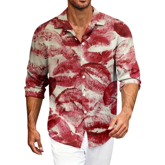 Fgvctg Mens Valentine's Day Shirts Long Sleeve Cotton Button Down Blouse Dressy Date Day Love Heart Print Shirts Oversized Collared Business Casual Outfits Red 2XL