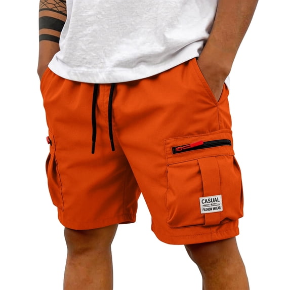 Fgvctg Mens Work Shorts Casual Stretch Cargo Short Fashion Regular Fit Elastic Waist Summer Hiking Work Pant Waistband Lightweight Drawstring Shorts with Multi Pockets,Saffron,2XL