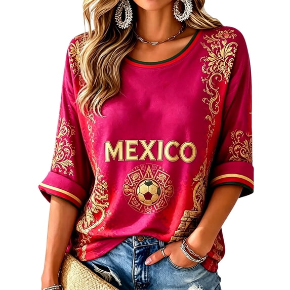Fgvctg Mexico Soccer Jersey Women Country Flag Eagle Soccer Graphic Crewneck T-Shirt, Vintage Football Game Day Casual Loose Short Sleeve Tops for Sports Fans Hot Pink 3XL