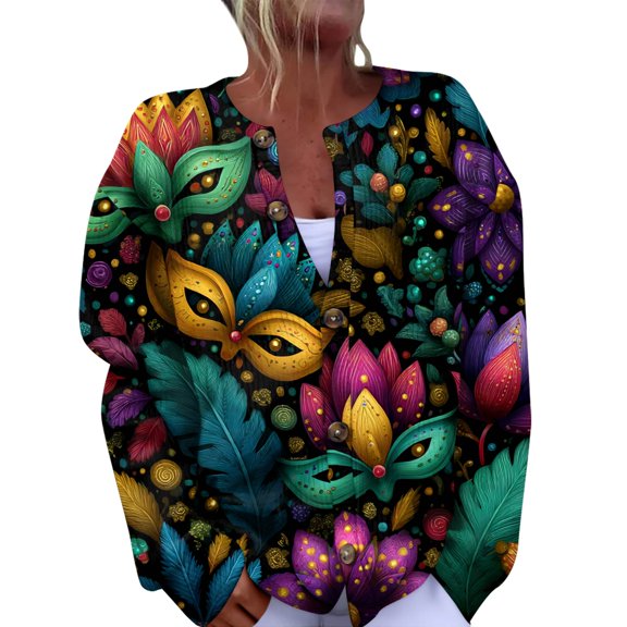 Fgvctg Oversized Cardigan Sweaters for Women Mardi Gras Mask Graphic Sweater Long Sleeve Casual Coats Carnival Party Open Front Button Down Cardigan Pretty Clothing Spring Sweaters Multicolor 2XL