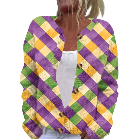Fgvctg Oversized Cardigan Sweaters for Women Mardi Gras Mask Graphic Sweater Long Sleeve Casual Coats Carnival Party Open Front Button Down Cardigans Vintage Clothing Spring Sweaters Purple Pink 2XL