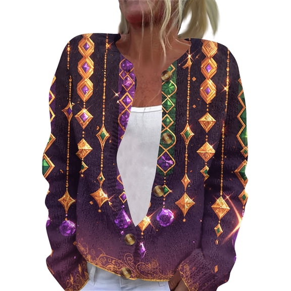 Fgvctg Oversized Cardigan Sweaters for Women Mardi Gras Mask Print Sweater Long Sleeve Casual Coats Carnival Party Open Front Button Down Cardigans Fashion Clothes Spring Sweaters Dark Purple 4XL