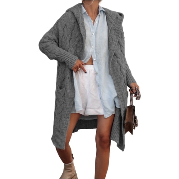 Fgvctg Oversized Long Sweaters for Women Long Sleeve Open Front Cable Knited Cardigans Sweater Soft Button Down Hooded Sweaters Coats with Pockets Dark Gray S