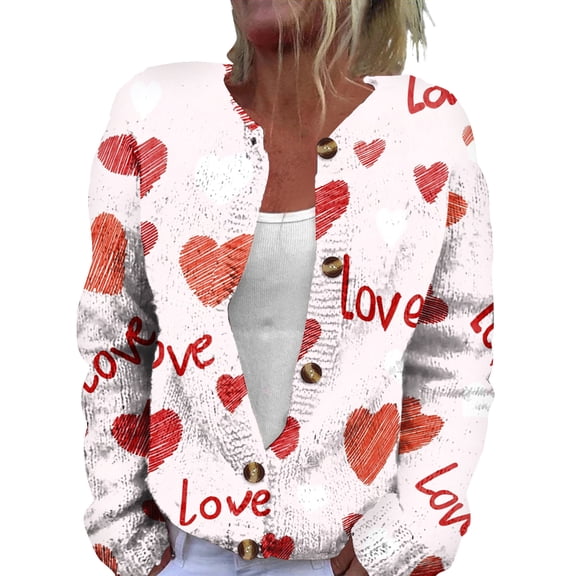 Fgvctg Oversized Sweaters for Women Valentine's Day Love Heart Print Sweaters Long Sleeve Casual Coat Open Front Button Down Cardigans Cute Clothes Spring Sweater Deep Red L