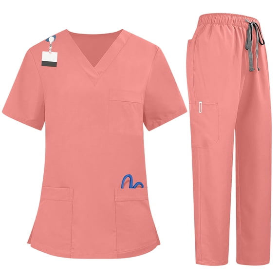 Fgvctg Pink Scrubs Sets for Women Plus Size Nursing Top Petite V Neck Yoga Scrub Pants and Tops Scrub Sets Medical Uniforms Scrub Jumpsuit Pink M