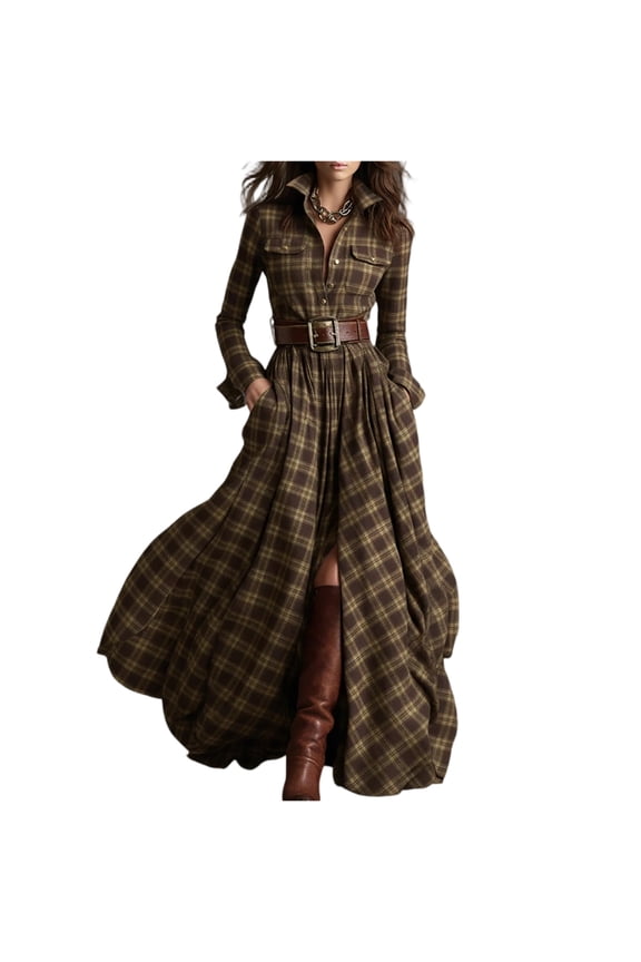Women's Plaid Maxi Dresses Button Down Long Sleeve Plaid Shirt Dresses a Line Vintage Tunic Work Dress Winter Loose Lapel Long Dress with Pockets Earthy Yellow 2XL