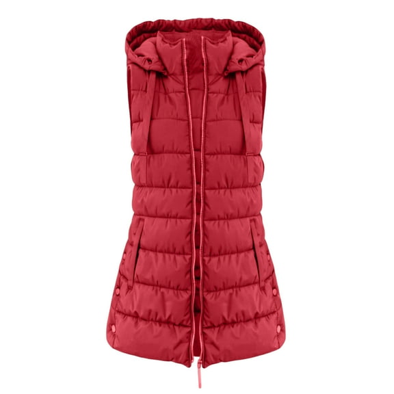 Fgvctg Puffer Jacket Women Lightweight Quilted Sleeveless Puffer Vest Warm Long Jackets Hooded Puffy Zip Up Coat Soft Fall Outerwear Outfits with Pockets Red M