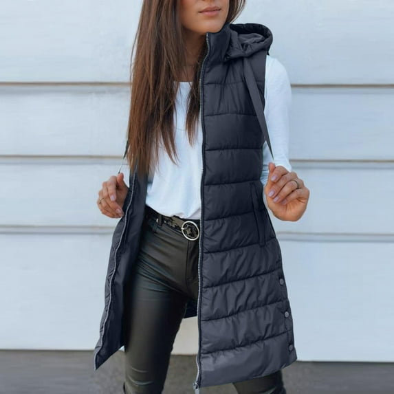 Fgvctg Puffer Vest for Women Sleeveless Quilted Warm Puffer Vest Zip Up Puffy Outerwear Long Coats Hood Lightweight Jacket Trendy Clothing with Pockets Navy S