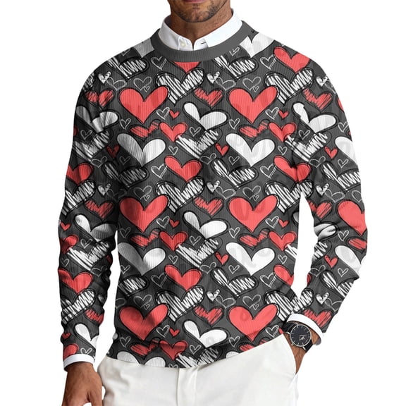 Fgvctg Romantic Valentine's Day Sweater Men Ribbed Knit Crewneck Sweater Love Heart Print Warm Pullover Slim Fit Long Sleeve Sweaters Loose Spring Blouse Pink 2XL