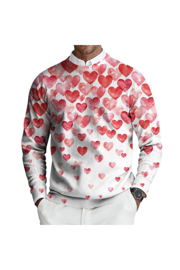 Romantic Valentine's Day Sweater Men Ribbed Knit Crewneck Sweaters Love Heart Print Soft Pullover Slim Fit Long Sleeve Sweater Oversized Spring Blouse White XL