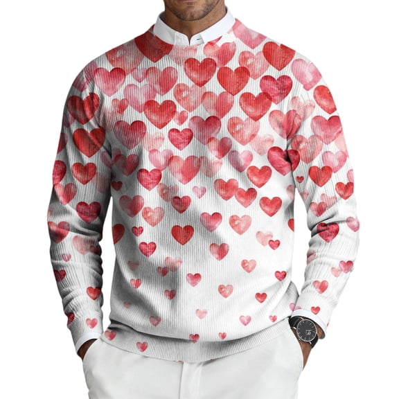 Fgvctg Romantic Valentine's Day Sweater Men Ribbed Knit Crewneck Sweaters Love Heart Print Soft Pullover Slim Fit Long Sleeve Sweater Oversized Spring Blouse White XL