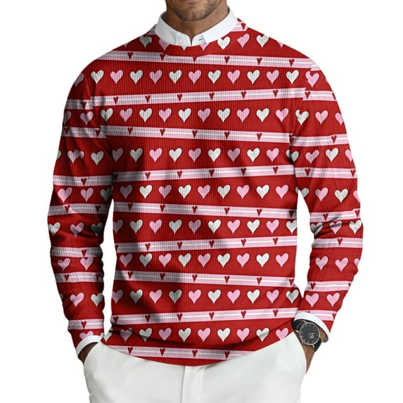 Fgvctg Romantic Valentine's Day Sweater Men Ribbed Knit Crewneck Sweaters Love Heart Print Warm Pullover Slim Fit Long Sleeve Sweater Loose Spring Clothes Vermilion XL
