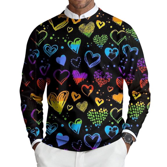 Fgvctg Romantic Valentine's Day Sweater Mens Ribbed Knit Crewneck Sweaters Love Heart Print Dressy Pullover Slim Fit Long Sleeve Sweater Lightweight Spring Clothes Black XL