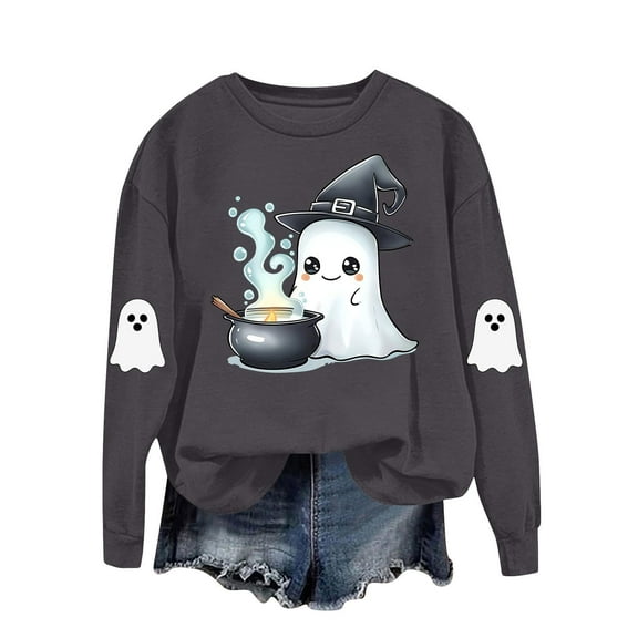 Fgvctg School Outfits for Teachers Long Sleeve Spooky Sweatshirt Gray Fall Tops Womens Oversized Clothing Halloween Ghost Womens Outfits Casual Crewneck Sweatshirts Gray XL