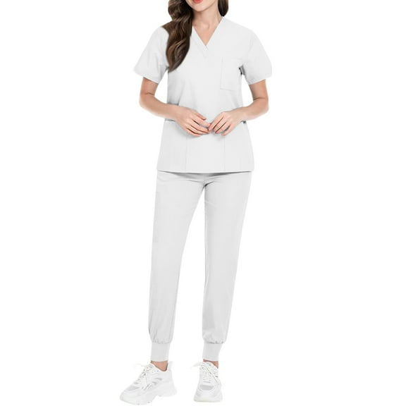 Fgvctg Scrub Sets for Woman Plus Size Medical Scrub Sets Petite V Neck Scrub Pants and Tops Nurse Uniforms Scrubs Clothing Set for Women White L