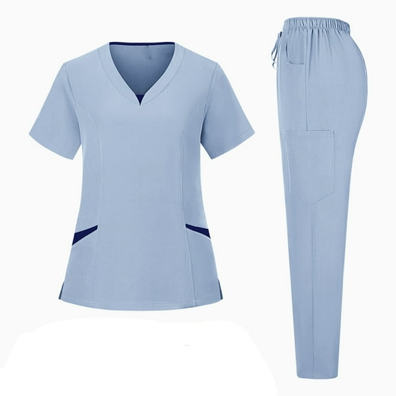 Fgvctg Scrubs for Women Plus Size Medical Scrubs Stretchy V Neck Yoga Scrub Pants and Tops Jogger Scrubs Nursing Uniforms with Pockets Light Blue XL