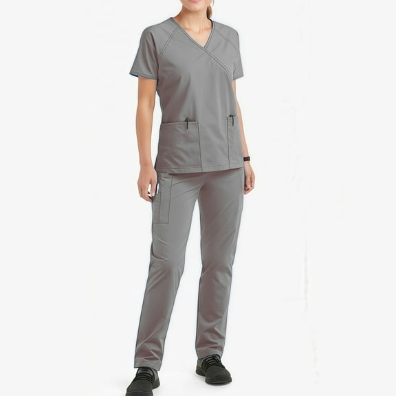 Fgvctg Scrubs for Women Plus Size Nursing Scrubs Petite V-Neck Yoga Scrub Pants and Tops Medical Scrub Sets Scrub Joggers with Pockets Gray XL
