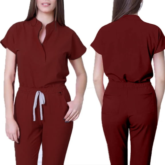 Fgvctg Scrubs for Women Plus Size Nursing Top Petite V-Neck Scrub Pants and Tops Medical Uniforms Jogger Scrubs with Pockets Wine S