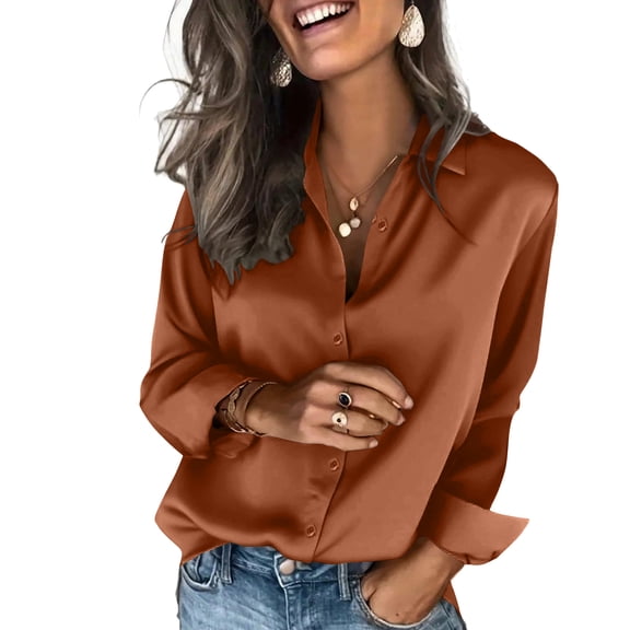 Fgvctg Silk Satin Button Down Shirts For Women Fashion Solid Color Long Sleeve Tops V Neck Shirts Loose Casual Business Work Clothes Brown XL