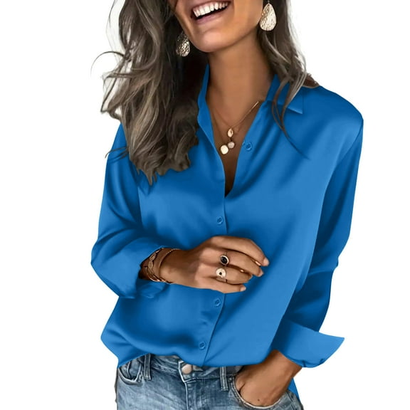 Fgvctg Silk Satin Shirts For Women Trendy Solid Color Long Sleeve Tops V Neck Shirt Loose Business Casual Fashion Outfit Blue S