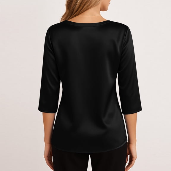 Fgvctg Silk Satin Women Tops Elegant Pure Color Long Sleeve Top V Neck Shirt Loose Casual Work Office Clothes Black S