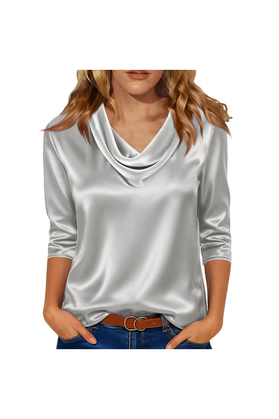 Silk Satin Womens Tops Fancy Cap 3/4 Sleeve Top Crew Neck Shirts Dressy Casual Business Work Clothes Light Gray M