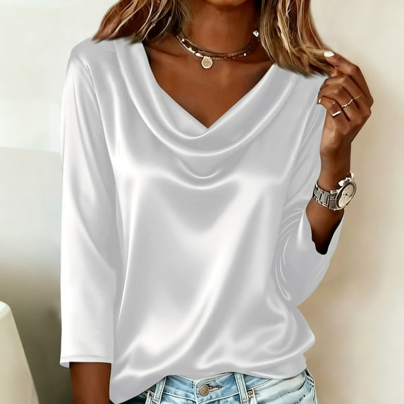 Fgvctg Silk Satin Womens Tops Trendy Pure Color Long Sleeve Top Crewneck Shirts Dressy Casual Business Work Clothes White 2XL