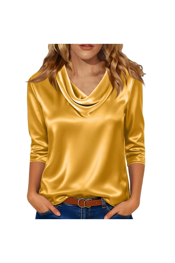Silk Tops For Women Satin Fancy Cap 3/4 Sleeve Tops Crew Neck Shirts Loose Casual Work Office Outfits Orange 2XL