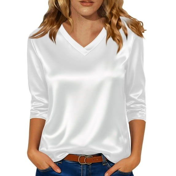 Fgvctg Silk Tops For Women Satin Trendy Pure Color Long Sleeve Tops V Neck Shirt Dressy Casual Business Work Blouses White L