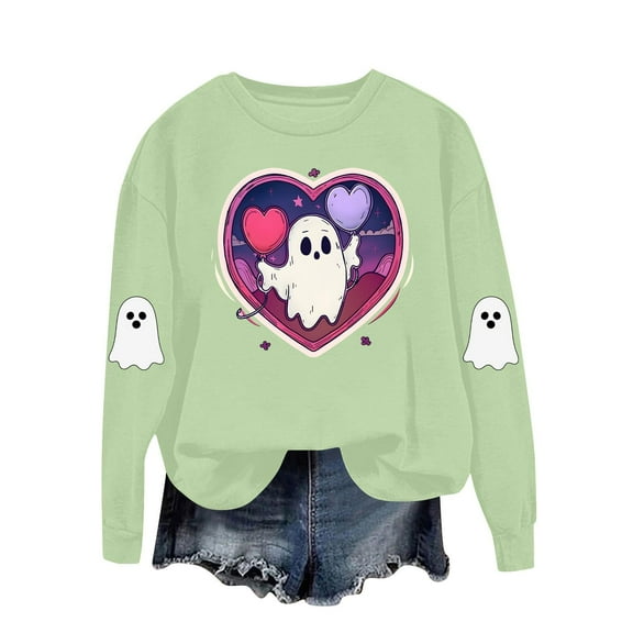 Fgvctg Spooky Season Sweatshirt Winter Sweatshirt Women Oversized Light Green Ghost Tops Halloween Lightweight Clothing Long Sleeve Crewneck Womens Outfits Comfy Fit Light Green L